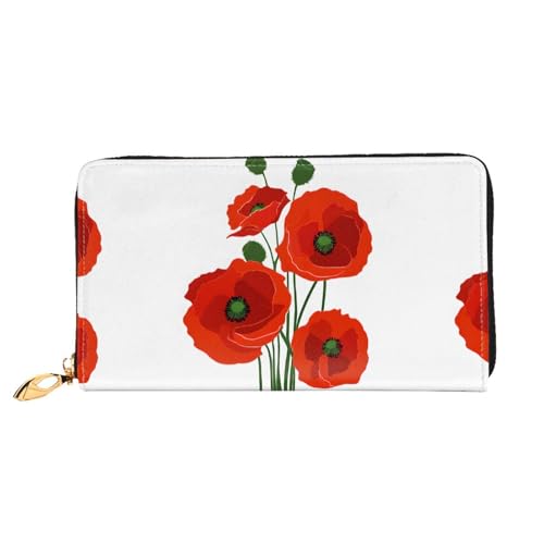 NPOREJKNGF Mohnblumen-Geldbörse aus Leder für modisch bedruckte Geldbörse mit mehreren Kartenfächern, Münzfach mit Reißverschluss und Ausweisfenster, Geschenk, Schwarz , Einheitsgröße von NPOREJKNGF