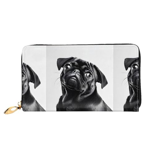 NPOREJKNGF Niedliche schwarze Mops-Geldbörse aus Leder für modisch bedruckte Geldbörse mit mehreren Kartenfächern, Münzfach mit Reißverschluss und Ausweisfenster, Schwarz , Einheitsgröße von NPOREJKNGF