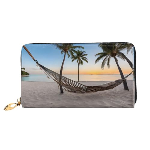 NPOREJKNGF Paradise Beach mit Hängematte, Kokospalmen, stilvolle Ledergeldbörse für modisch bedruckte Geldbörse mit mehreren Kartenfächern, Münzfach mit Reißverschluss und Ausweisfenster, Geschenk von NPOREJKNGF