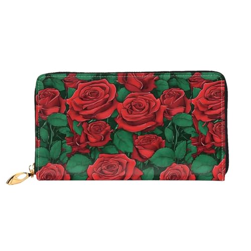 NPOREJKNGF Red Rose Stilvolle Ledergeldbörse für modisch bedruckte Geldbörse mit mehreren Kartenfächern, Münzfach mit Reißverschluss und Ausweisfenster, Schwarz , Einheitsgröße von NPOREJKNGF