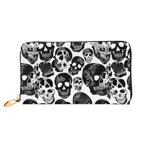 NPOREJKNGF Schwarze Totenkopf-Geldbörse aus Leder für modisch bedruckte Geldbörse mit mehreren Kartenfächern, Münzfach mit Reißverschluss und Ausweisfenster, Schwarz , Einheitsgröße von NPOREJKNGF