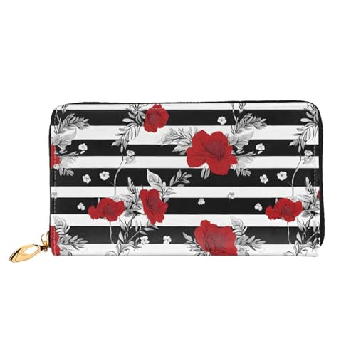 NPOREJKNGF Schwarze weiße Streifen rote Rose Blumen stilvolle Ledergeldbörse für modisch bedruckte Geldbörse mit mehreren Kartenfächern, Münzfach mit Reißverschluss und Ausweisfenster, Schwarz von NPOREJKNGF