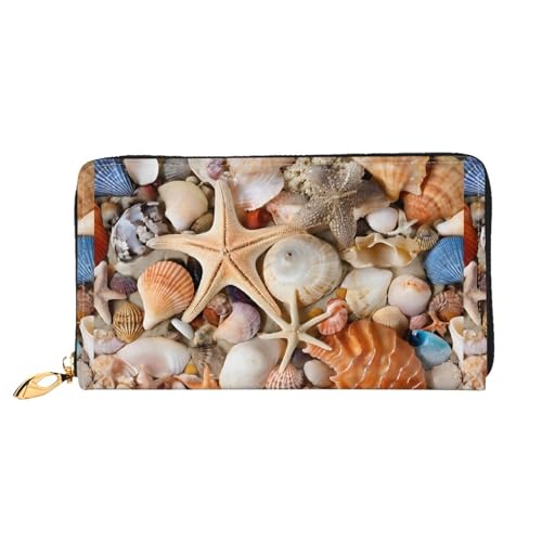 NPOREJKNGF Seashell Landschaft am Strand, stilvolle Ledergeldbörse für modisch bedruckte Geldbörse mit mehreren Kartenfächern, Münzfach mit Reißverschluss und Ausweisfenster, Geschenk, Schwarz von NPOREJKNGF