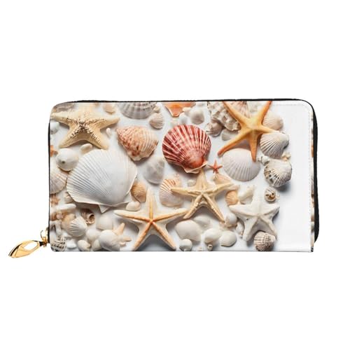 NPOREJKNGF Seashell Sandy Beach Stilvolle Ledergeldbörse für modisch bedruckte Geldbörse mit mehreren Kartenfächern, Münzfach mit Reißverschluss und Ausweisfenster, Geschenk, Schwarz , Einheitsgröße von NPOREJKNGF