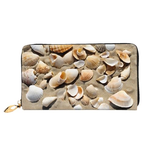 NPOREJKNGF Seashell Sandy Beach Thema, stilvolle Ledergeldbörse für modisch bedruckte Geldbörse mit mehreren Kartenfächern, Münzfach mit Reißverschluss und Ausweisfenster, Geschenk, Schwarz von NPOREJKNGF