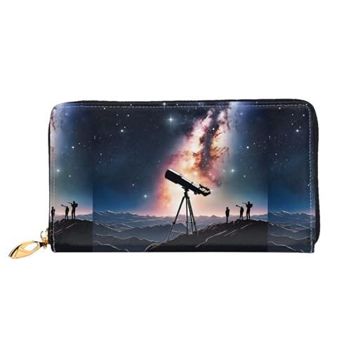 NPOREJKNGF Space Galaxy mit Teleskop, stilvolle Ledergeldbörse für modisch bedruckte Geldbörse mit mehreren Kartenfächern, Münzfach mit Reißverschluss und Ausweisfenster, Geschenk, Schwarz von NPOREJKNGF