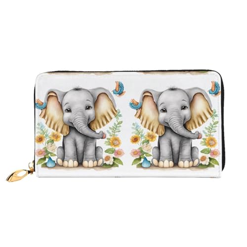 NPOREJKNGF Stilvolle Geldbörse aus Leder mit Cartoon-Elefant und Eulen, für modisch bedruckte Geldbörse mit mehreren Kartenfächern, Münzfach mit Reißverschluss und Ausweisfenster, Schwarz von NPOREJKNGF