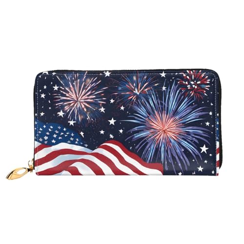 NPOREJKNGF Stilvolle Geldbörse aus Leder mit Feuerwerk-Flagge, für modisch bedruckte Geldbörse mit mehreren Kartenfächern, Münzfach mit Reißverschluss und Ausweisfenster, Schwarz , Einheitsgröße von NPOREJKNGF