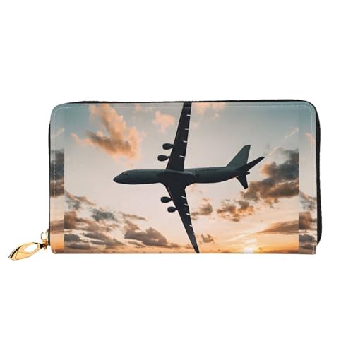 NPOREJKNGF Stilvolle Geldbörse aus Leder mit Flugzeug Sonnenuntergang für modisch bedruckte Geldbörse mit mehreren Kartenfächern, Münzfach mit Reißverschluss und Ausweisfenster, Schwarz von NPOREJKNGF