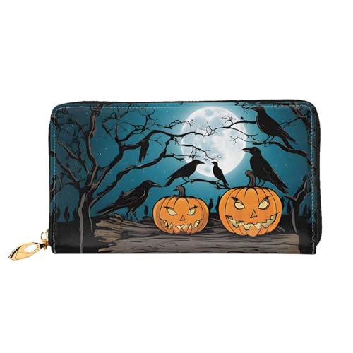 NPOREJKNGF Stilvolle Geldbörse aus Leder mit Halloween-Kürbis-Motiv für modisch bedruckte Geldbörse mit mehreren Kartenfächern, Münzfach mit Reißverschluss und Ausweisfenster, Schwarz , Einheitsgröße von NPOREJKNGF