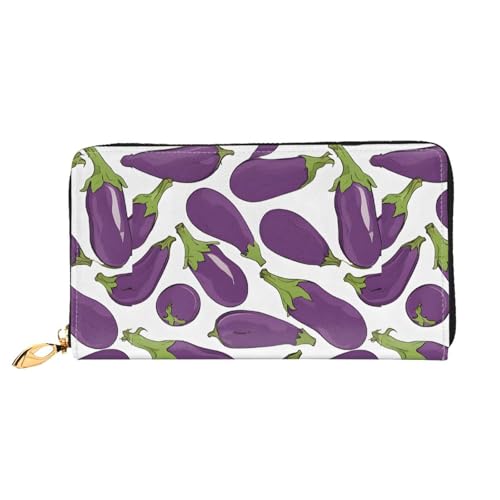 NPOREJKNGF Stilvolle Leder-Geldbörse mit Cartoon-Aubergine, für modisch bedruckte Geldbörse mit mehreren Kartenfächern, Münzfach mit Reißverschluss und Ausweisfenster, Schwarz , Einheitsgröße von NPOREJKNGF