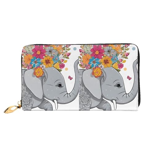 NPOREJKNGF Stilvolle Ledergeldbörse mit Elefant mit Blume, modische bedruckte Geldbörse mit mehreren Kartenfächern, Münzfach mit Reißverschluss und Ausweisfenster, Schwarz , Einheitsgröße von NPOREJKNGF