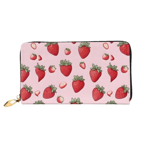 NPOREJKNGF Stilvolle Ledergeldbörse mit Erdbeermuster für modisch bedruckte Geldbörse mit mehreren Kartenfächern, Münzfach mit Reißverschluss und Ausweisfenster, Schwarz , Einheitsgröße von NPOREJKNGF