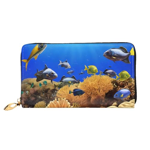 NPOREJKNGF Stilvolle Ledergeldbörse mit Fischmuster für modisch bedruckte Geldbörse mit mehreren Kartenfächern, Münzfach mit Reißverschluss und Ausweisfenster, Schwarz , Einheitsgröße von NPOREJKNGF