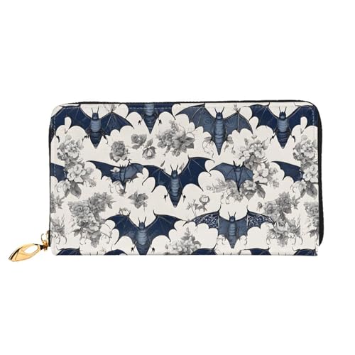 NPOREJKNGF Stilvolle Ledergeldbörse mit Fledermaus-Muster, modische bedruckte Geldbörse mit mehreren Kartenfächern, Münzfach mit Reißverschluss und Ausweisfenster, Schwarz , Einheitsgröße von NPOREJKNGF