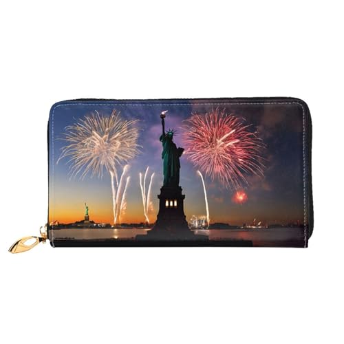 NPOREJKNGF Stilvolle Ledergeldbörse mit Freiheitsstatue-Flagge, modische bedruckte Geldbörse mit mehreren Kartenfächern, Münzfach mit Reißverschluss und Ausweisfenster, Schwarz , Einheitsgröße von NPOREJKNGF
