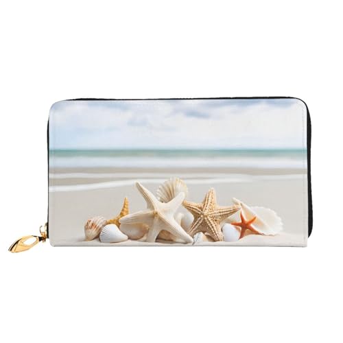 NPOREJKNGF Stilvolle Ledergeldbörse mit Perlen-Motiv und Muschelmotiv für modisch bedruckte Geldbörse mit mehreren Kartenfächern, Münzfach mit Reißverschluss und Ausweisfenster, Schwarz von NPOREJKNGF