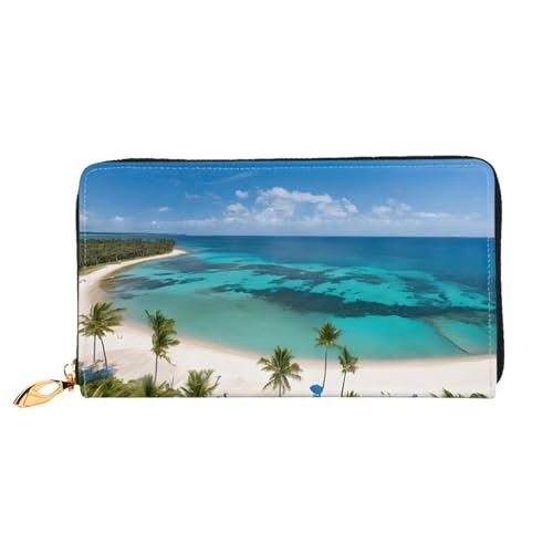 NPOREJKNGF Stilvolle Ledergeldbörse mit Strand und Palme, modische bedruckte Geldbörse mit mehreren Kartenfächern, Münzfach mit Reißverschluss und Ausweisfenster, Schwarz , Einheitsgröße von NPOREJKNGF
