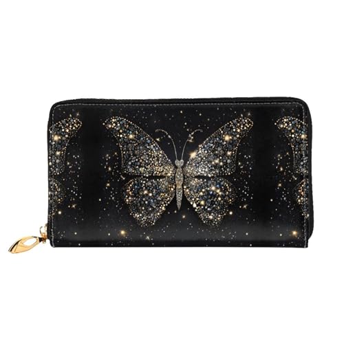NPOREJKNGF Stilvolle Ledergeldbörse mit Strass-Schmetterling, für modisch bedruckte Geldbörse mit mehreren Kartenfächern, Münzfach mit Reißverschluss und Ausweisfenster, Schwarz , Einheitsgröße von NPOREJKNGF