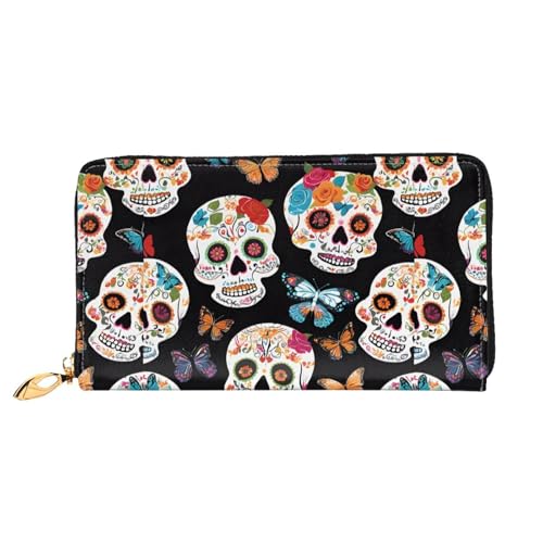 NPOREJKNGF Stilvolle Ledergeldbörse mit Totenköpfen für modisch bedruckte Geldbörse mit mehreren Kartenfächern, Münzfach mit Reißverschluss und Ausweisfenster, Schwarz , Einheitsgröße von NPOREJKNGF