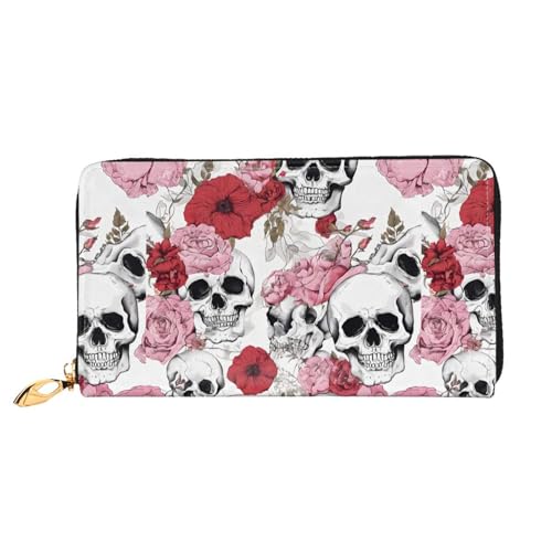 NPOREJKNGF Stilvolle Ledergeldbörse mit farbigen Totenköpfen für modisch bedruckte Geldbörse mit mehreren Kartenfächern, Münzfach mit Reißverschluss und Ausweisfenster, Schwarz , Einheitsgröße von NPOREJKNGF