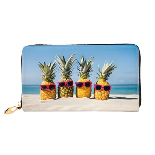 NPOREJKNGF Strand-Ananas-Geldbörse aus Leder für modisch bedruckte Geldbörse mit mehreren Kartenfächern, Münzfach mit Reißverschluss und Ausweisfenster, Schwarz , Einheitsgröße von NPOREJKNGF