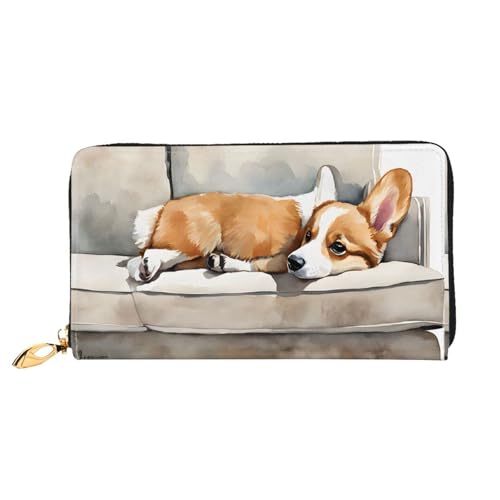 NPOREJKNGF Süße Corgi stilvolle Ledergeldbörse für modisch bedruckte Geldbörse mit mehreren Kartenfächern, Münzfach mit Reißverschluss und Ausweisfenster, Schwarz , Einheitsgröße von NPOREJKNGF