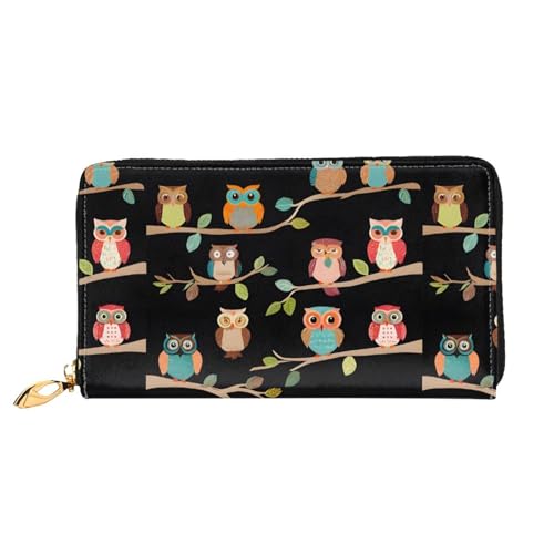 NPOREJKNGF Süße braune Cartoon-Eulen-Geldbörse aus Leder für modisch bedruckte Geldbörse mit mehreren Kartenfächern, Münzfach mit Reißverschluss und Ausweisfenster, Schwarz , Einheitsgröße von NPOREJKNGF