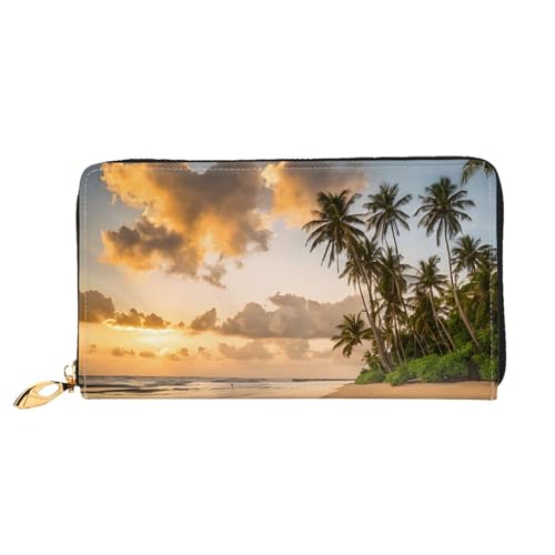 NPOREJKNGF Sunset Hawaiian Palm Tree Stilvolle Ledergeldbörse für modisch bedruckte Geldbörse mit mehreren Kartenfächern, Münzfach mit Reißverschluss und Ausweisfenster, Geschenk, Schwarz von NPOREJKNGF