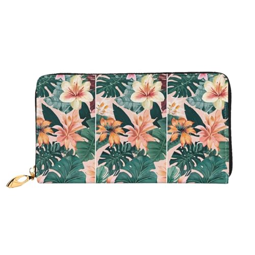 NPOREJKNGF Tropische Sommer-Geldbörse mit hawaiianischen Blumenpalmenblättern, stilvolle Ledergeldbörse für modisch bedruckte Geldbörse mit mehreren Kartenfächern, Münzfach mit Reißverschluss und von NPOREJKNGF