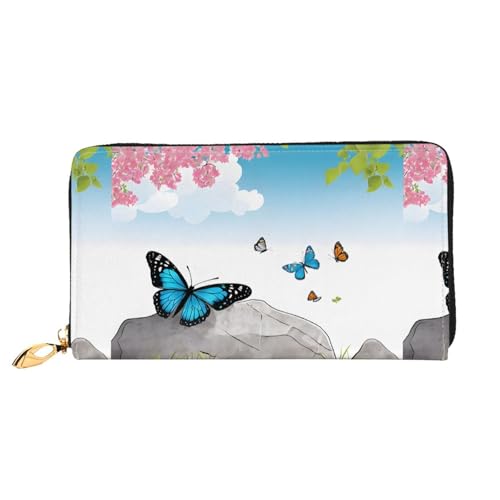 NPOREJKNGF Zen Design Schmetterling Stilvolle Ledergeldbörse für modisch bedruckte Geldbörse mit mehreren Kartenfächern, Münzfach mit Reißverschluss und Ausweisfenster, Geschenk, Schwarz von NPOREJKNGF