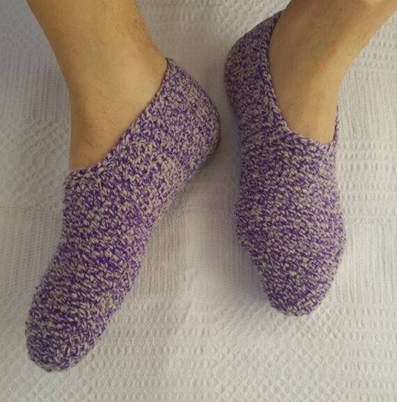 Männer Hausschuhe Naturwolle Gehäkelt Melange Grau Lila Strickschuhe Warme Winter Größe 42 von NPSunnyDay
