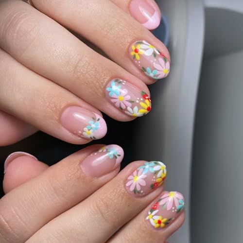 24 Pcs Mandelpresse Auf Nägeln Kurz Länge Mit Französischen Spitzen Und Blumenentwürfen Nägel Dekore Für Frauen Und Mädchen Kunstmodische Nagel von NPXUAMTJ