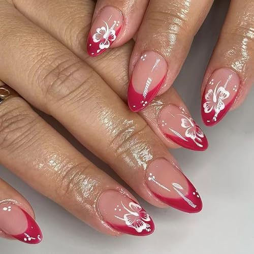 24 Pcs Mandelstab Auf Nägeln Drücken Sie Nägel Mit Blumenmuster Französische Spitze Falsche Winterakkesorien Für Frauen Einfach Nagel Entfernen von NPXUAMTJ