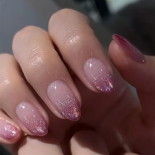 24 Stück Frauen-Nägel zum Aufdrücken, Farbverläufe, violett, schimmernd, kurze französische Spitze, Mandelform, zum Aufkleben auf künstliche Nägel von NPXUAMTJ