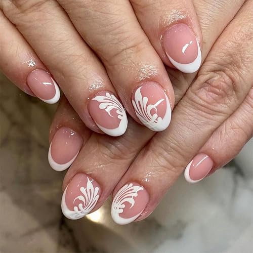 24 Stück kurze künstliche Nägel mit französischen Spitzen-Designs, zum Aufkleben auf Nägel, einfach anzubringen und zu entfernen, für stilvolle Frauen von NPXUAMTJ