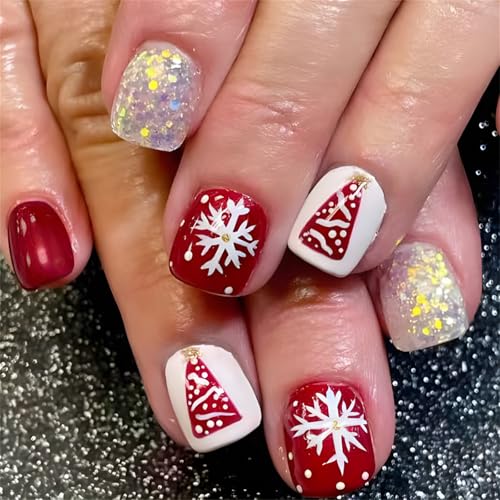 24 Stück kurze quadratische Nägel zum Aufdrücken mit Weihnachtsbaum und Schneeflocken-Designs, glitzernde französische Spitze für Frauen und Mädchen von NPXUAMTJ