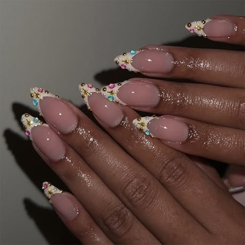 24pcs Kleben Auf Nägeln Mit Glitzern Französische Spitzen Und Farbenfrohe Strasssteine ​​Pressen Sie Nägel Mandelnägel Kunst Für Frauen Trendige Nagelstile von NPXUAMTJ