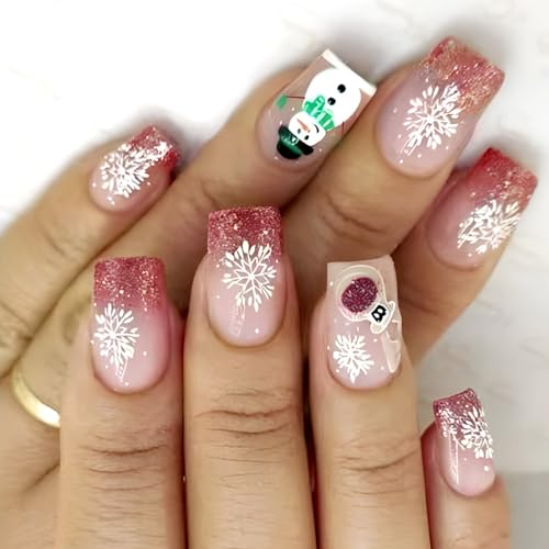24pcs Weihnachten Snowflake Press Auf Nägeln Kurzquadratische Falsche Nägel Mit Schneemännern Und Französischen Tipps Für Frauen Und Mädchen von NPXUAMTJ