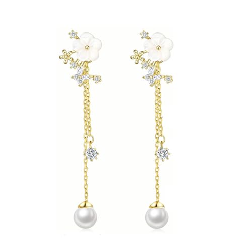 Delicate Blumendesign Dangle Ohrringe Mit Simulierten Perlenkettenkette Brautschmuck Glänzend Gold Oder Silber Finish Vintage Inspirierte Perlen Drop Ohrringe von NPXUAMTJ