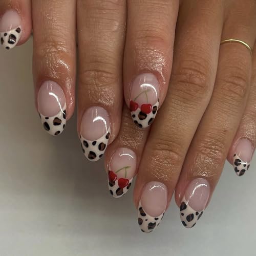 Künstliche Nägel mit Tierkirschen, kurze französische Mandel, zum Aufdrücken, für Damen, Nagelkunst, 24 Stück von NPXUAMTJ