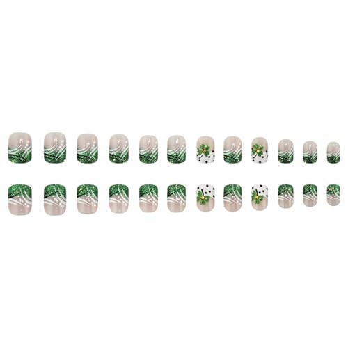 Kurzquadratische Presse Auf Nägeln Französische Spitze Falsche Nägel Grüne Shamrock Glitzer Voller Abdeckungen Acrylstab Auf Nägeln Für Frauen von NPXUAMTJ