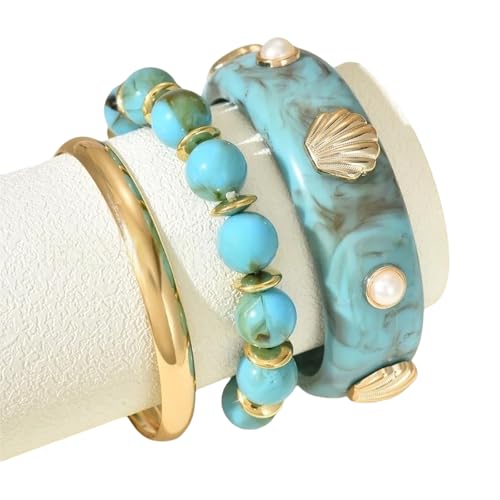 NPXUAMTJ 3pcs/Set Marine Themed Verstellbares Schichtarmband Armband Armreifen Mit Kunstperlen Und Perlendetails Für Strandpartys Vielseitige CCB Coastal Armbandbekleidung von NPXUAMTJ