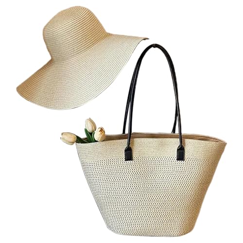 NPXUAMTJ Auffällige Stroh-Strandtasche mit geräumigen Innen-Schultertaschen, lässige Handtasche für Stadteinkäufe oder Picknicks im Freien, modisches Strohhut-Set, B, One Size von NPXUAMTJ