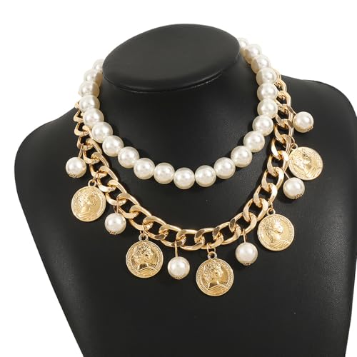 NPXUAMTJ Elegante Doppelschicht Perlen Halskette Halskette Perlen Choker Metallmedaillons Anhänger Heckchain Für Frauen Party Tragen Frauen Modeschmuck von NPXUAMTJ