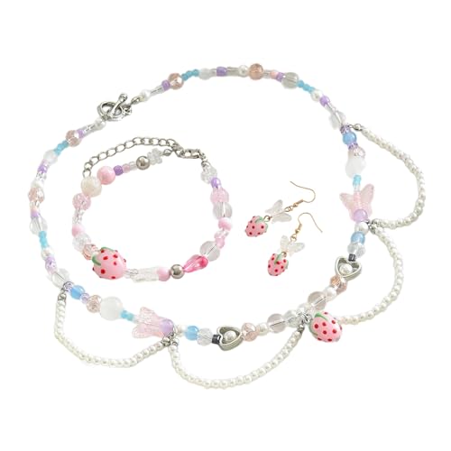 NPXUAMTJ Elegante Erdbeer Schmetterling Halskette Für Frauen Farbenfrohe Perlen Halsketten Mode Herzarmbandschmuck von NPXUAMTJ