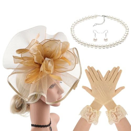 NPXUAMTJ Frauen Der 1920er Jahre Kostümschmuckzubehör Für Halloween Hochzeit Einschließlich Gefiederter Schleiers Stirnband Halskette Ohrringhandschuhe Atmungsaktive Polyesterharz Kopfwears von NPXUAMTJ