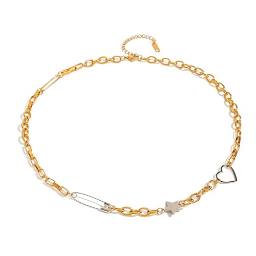 NPXUAMTJ Gold Plattiert Edelstahl Halskette Fünf Punkte Stern Und Liebe Herzgesteuerte Halskette Für Frauen Täglich Schmuck Geschenk von NPXUAMTJ