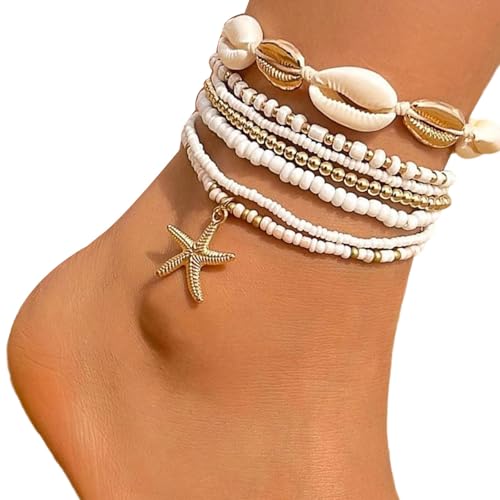 NPXUAMTJ Summers Strand Fußketten Set Von 7 Böhmischen Seesternschalen Designs Kristallglas Fußkettchenschmuck Seaside Knöchelketten Urlaub Fuß Schmuck Schmuck von NPXUAMTJ
