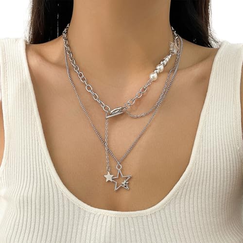 NPXUAMTJ Trendy Multilayer Star Pendant Halskette Verstellbare Schlüsselbeinkette Imitation Perlen Schmuck Für Party Outfits Unisex Charme Mit Sternanhänger von NPXUAMTJ